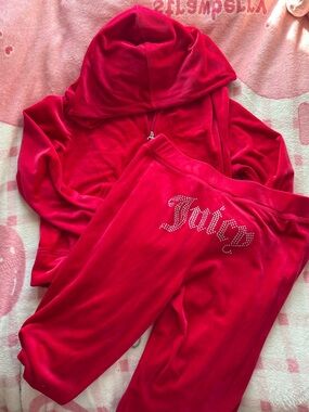 Juicy Couture Red Velour Rhinestone Logo Tracksuit Hoodie & Pants
